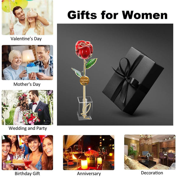 Women Gifts Wife Gifts Mothers Gifts - Red 24K Gold Rose with Crystal Stand