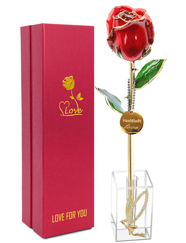Women Gifts Wife Gifts Mothers Gifts - Red 24K Gold Rose with Crystal Stand